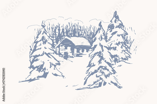 Winter rural landscape. Sketch with village panorama, trees, spruce, house in snow. For postcard, template, congratulations on wintered holidays. Hand drawn wintry background. Vector illustration