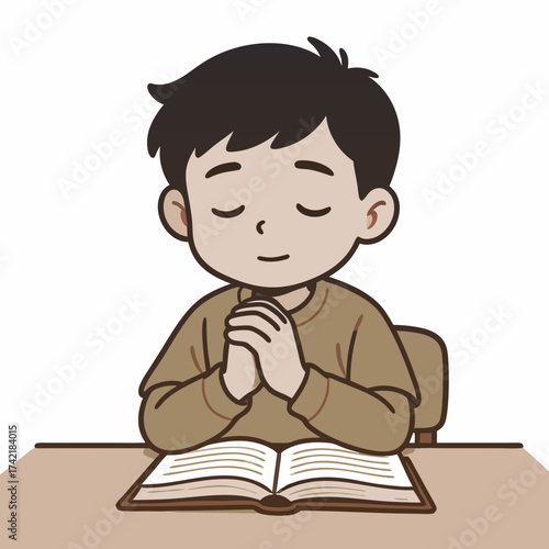 Cartoon Boy Praying with Hands Clasped Over Open Book.