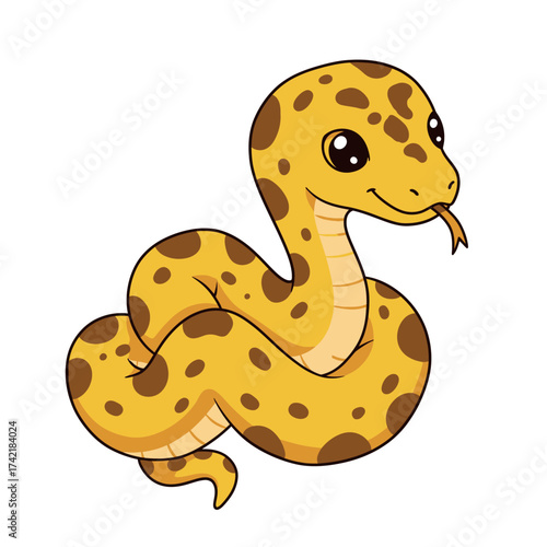Cute yellow cartoon snake with brown spots coiled up.