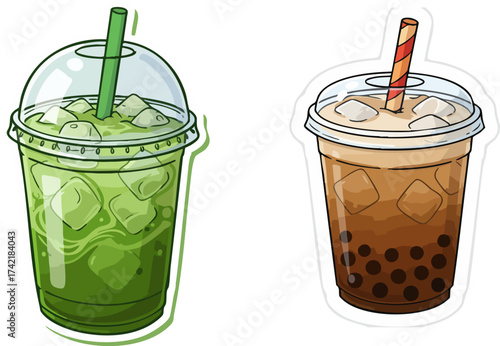 Iced Matcha and Brown Sugar Boba Tea Drinks
