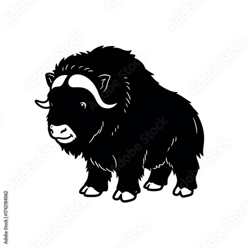 Musk Ox Black and White Illustration.