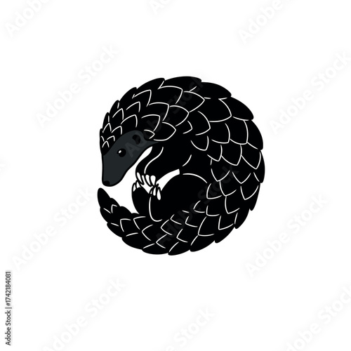 Pangolin curled up in a defensive ball black and white illustration.