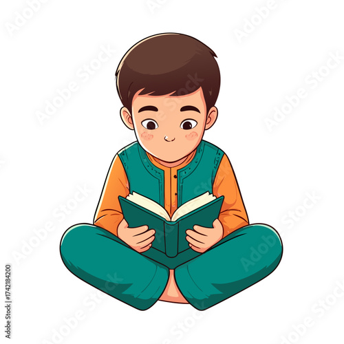 Cartoon Boy Reading Book in Traditional Outfit CrossLegged Pose.