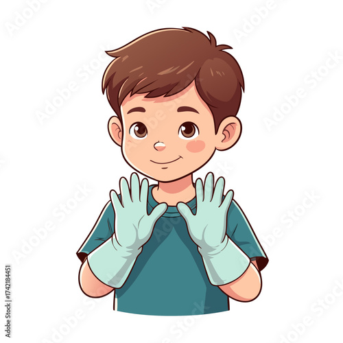 Cartoon Boy Wearing Gloves Raising Hands Protection Hygiene Cleanliness.