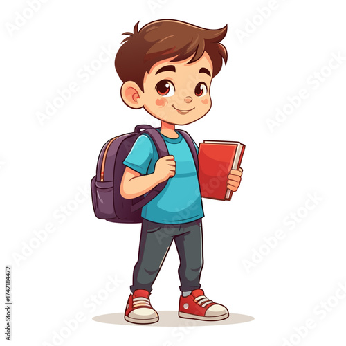 Cartoon Boy with Backpack and Book Smiling Wearing Blue Shirt and Sneakers.