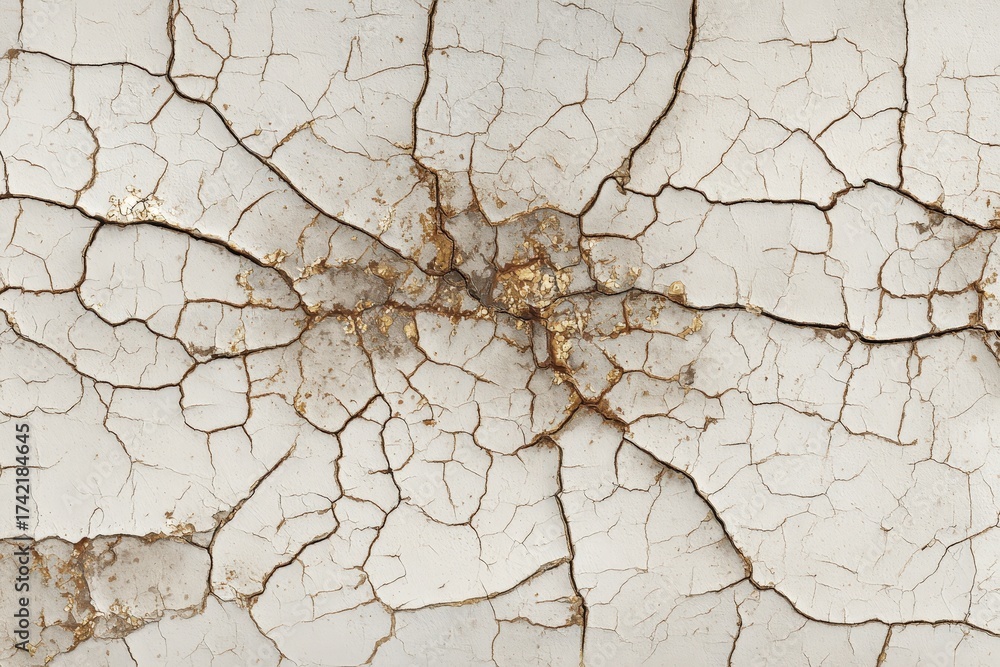 Obraz premium A close-up view of a surface exhibiting extensive, intricate cracking patterns, a light beige tone with hints of gold, highlighting the aged texture.