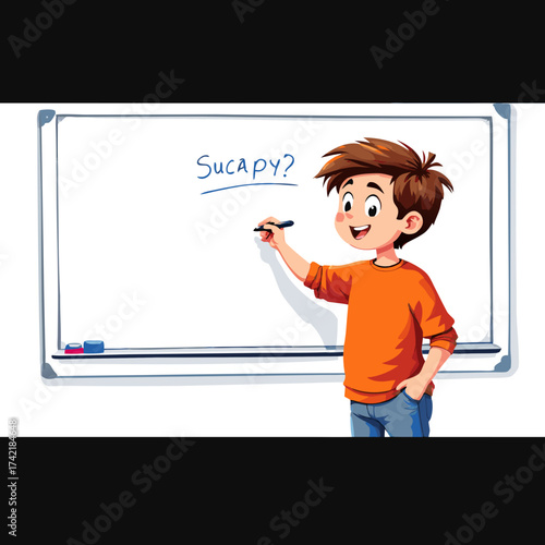 Cartoon Boy Writing on Whiteboard with Marker Orange Shirt Blue Jeans.
