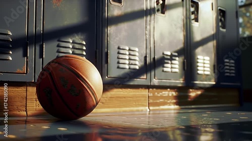 Basketball Leaning Against Blue Metal Lockers in Sunny Gym Floor Background