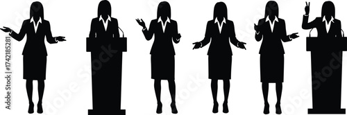 Silhouette businesswoman speaking, public presentation, podium speech, professional communication, debate illustration, leadership concept, corporate training, motivational speaker, conference, 