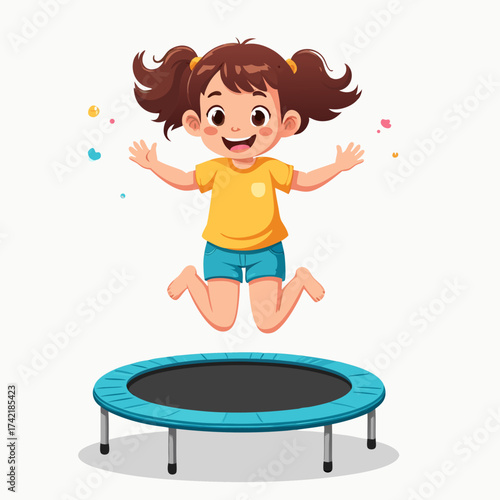 Cartoon Girl Jumping on a Blue Trampoline with Joyful Expression.