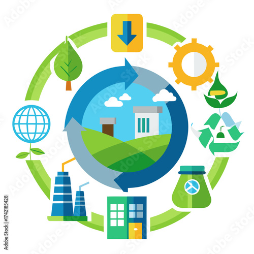Circular economy concept with symbols of industry nature and recycling