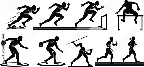 Silhouette athletes, track and field sports, sprinting, hurdling, discus, javelin, relay race, athletic competition, sports illustration