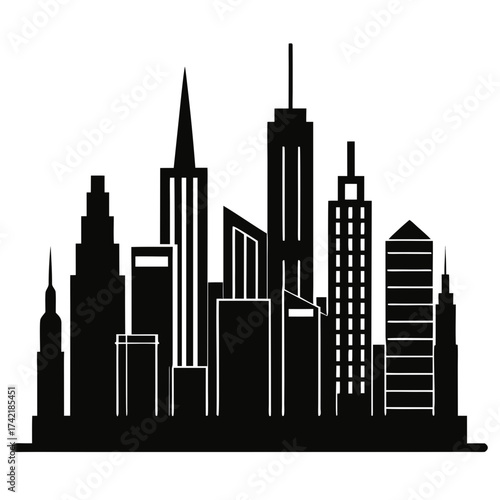 Black silhouette of a modern city skyline with diverse skyscrapers against a white background