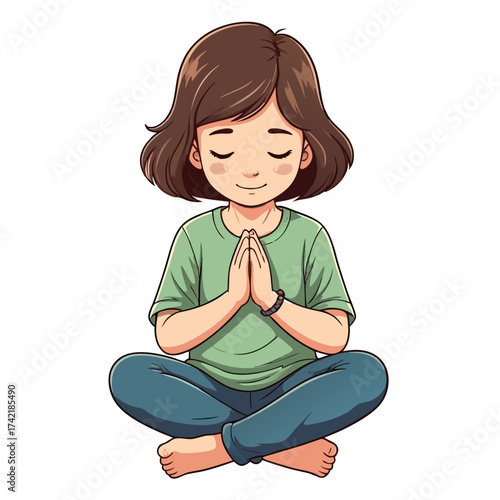 Cartoon Girl Meditating CrossLegged with Closed Eyes and Hands in Prayer Pose.