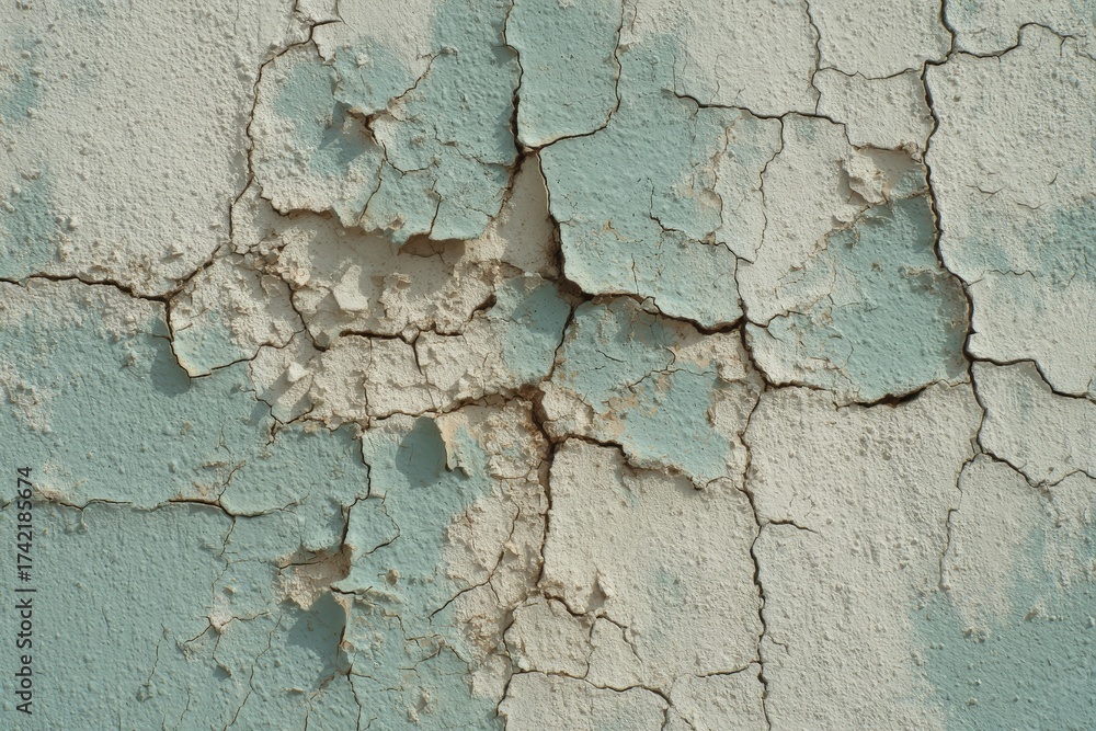 Obraz premium Aged, weathered stucco wall displays a network of deep cracks, revealing pastel-toned layers beneath.