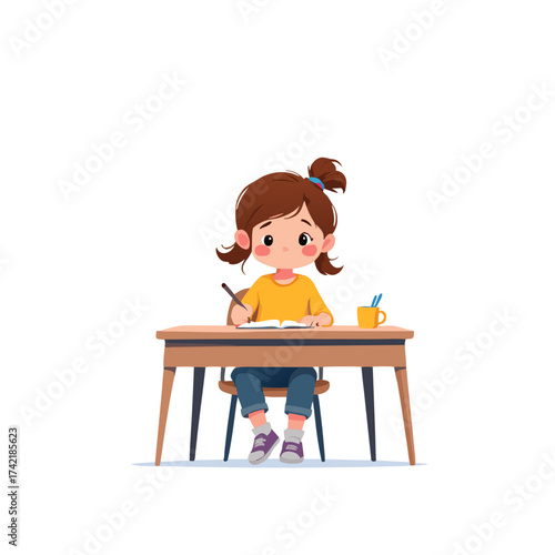 Cartoon Girl Studying at Desk with Pencil and Book Yellow Shirt Blue Jeans.