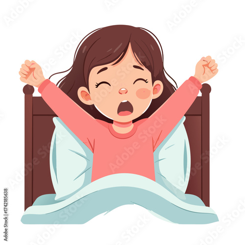 Cartoon Girl Waking Up Stretching Arms in Bed Yawning.
