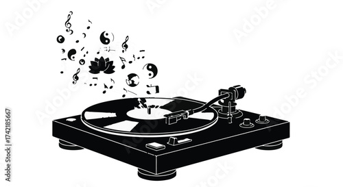 Vintage record player releasing symbols of music, peace, and nature into the air.