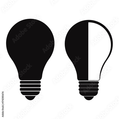 Two light bulbs one completely dark and one half dark half light on a white background