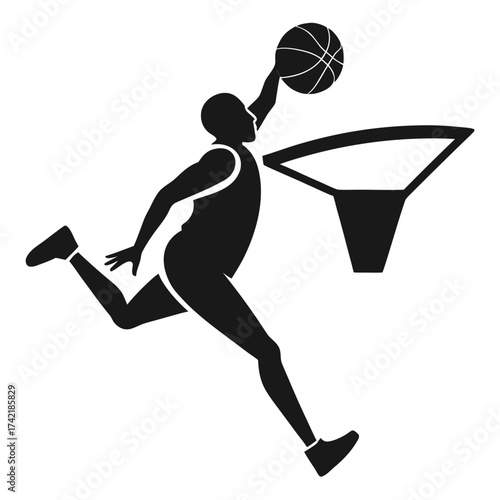 Dynamic silhouette of a basketball player performing a slam dunk over the hoop