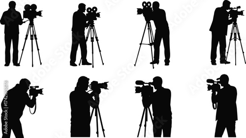 Silhouette cameraman, video camera operator, tripod filming, professional videography, filming techniques, cinematography poses, media production, creative illustration