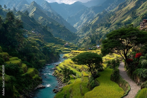 Discover breathtaking rice terraces cascading down lush green mountains, reflecting the vibrant beauty of Southeast Asia, ideal for travel inspiration