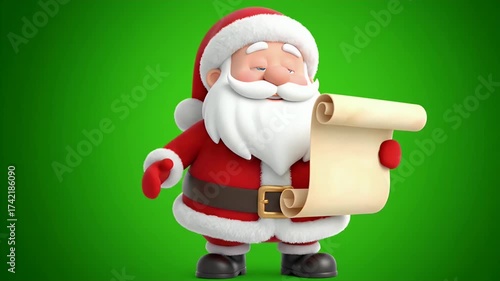 An animated 3D cartoon Santa Claus character holding an old parchment scroll and smiling on a green screen background.