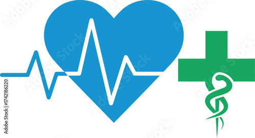Blue heartbeat ecg pulse line green medical caduceus symbol healthcare icon isolated on transparent background