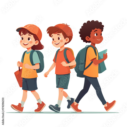 Cartoon illustration of three diverse happy schoolboys walking together with backpacks.