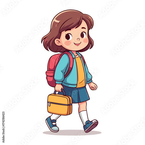 Cartoon Schoolgirl Walking with Backpack and Briefcase Illustration.
