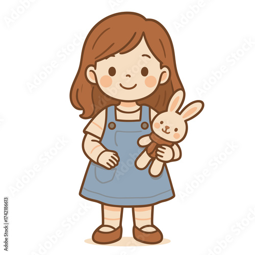 Charming cartoon girl with brown hair in a blue dress happily holding a cute bunny plush toy.