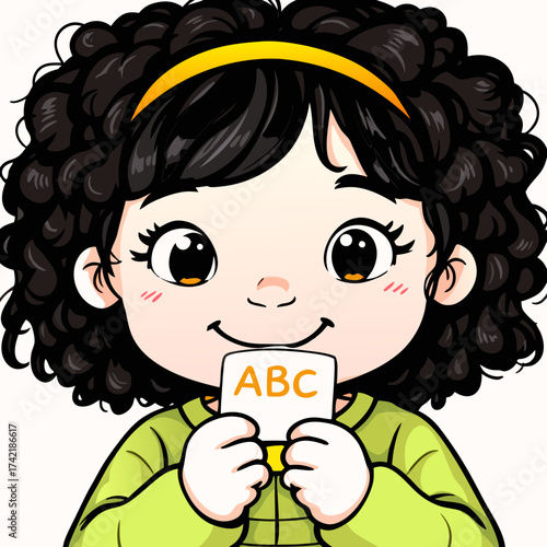 Charming cartoon child with black curly hair expressive eyes holding an ABC educational card.