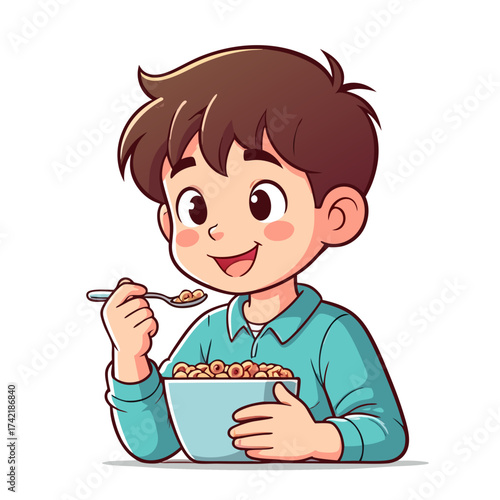 Cheerful cartoon boy eating breakfast cereal from a blue bowl with a spoon smiling happily.