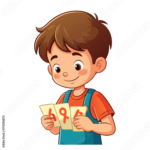 Cheerful cartoon boy in blue overalls and orange shirt holding two number cards 4 and 9.