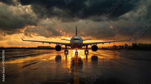 Fototapeta Naklejka Na Ścianę i Meble -  Commercial jet on wet runway at sunset with orange sky