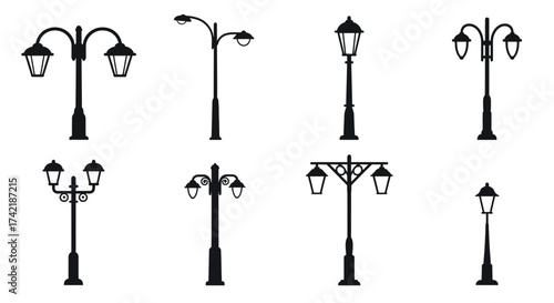Collection of vintage street lamps in black and white isolated designs