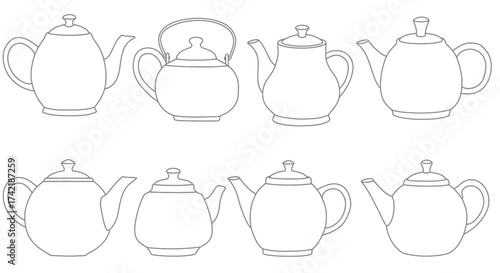 Simple line drawing of various teapots and kettles in a grid pattern
