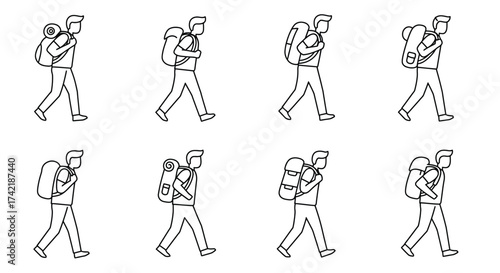 Line art illustration depicting people walking with backpacks in various poses