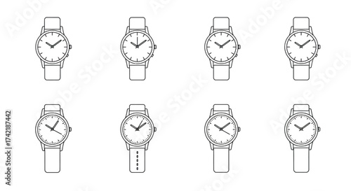 Eight simple line art watches displayed in a grid arrangement