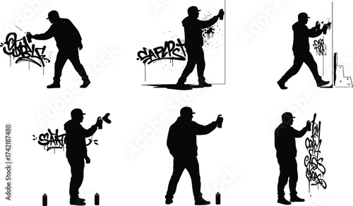 Silhouette of graffiti artist painting on wall, urban street art illustration, spray paint creative design with hip hop culture concept