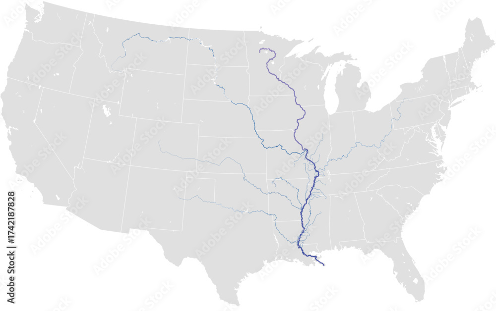 Fototapeta premium Mississippi river system – rivers vector map of United States highlighting main stem and primary tributaries (AEA, scaled by river size, PPT-compatible, multi-layered & fully editable)