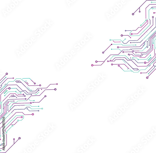 Abstract futuristic circuit board pattern with connecting lines and components on isolated on transparent background