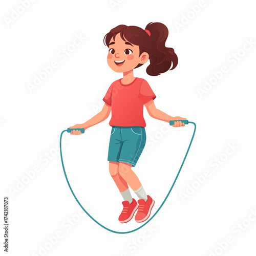 Cheerful cartoon girl with dark pigtails happily jumping a skipping rope.
