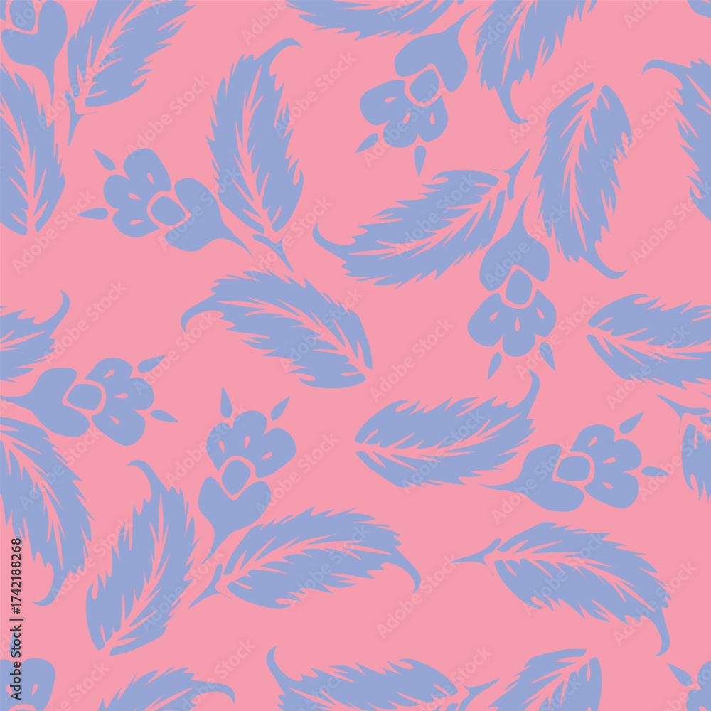 Fototapeta premium Cute floral pattern. Seamless vector texture. An elegant template for fashionable prints. Print with small white flowers and blue leaves. pink background.