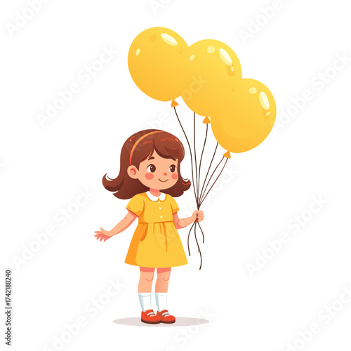 Cheerful young girl in yellow dress holding dandelion seeds.