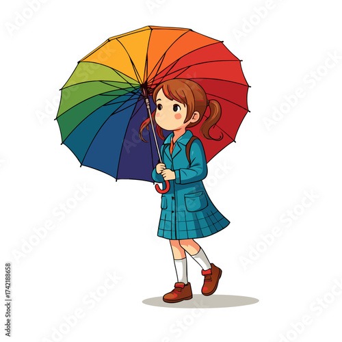 Cute animestyle schoolgirl in a blue coat holding a large vibrant rainbow umbrella.