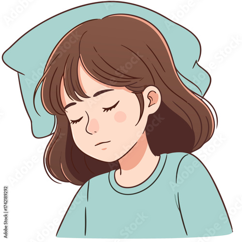 Cute cartoon girl sleeping peacefully on a light blue pillow eyes closed soft illustration style.