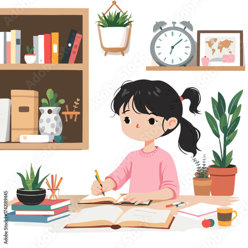 Diligent cartoon girl with black pigtails wearing a pink sweater focused on writing in an open book.