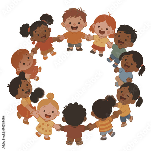 Diverse Cartoon Children Holding Hands in a Circle Smiling Wearing Colorful Clothes.