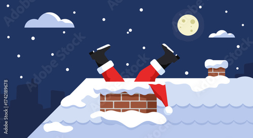 Santa stuck in a chimney on a snowy rooftop under a moonlit night sky with falling snow